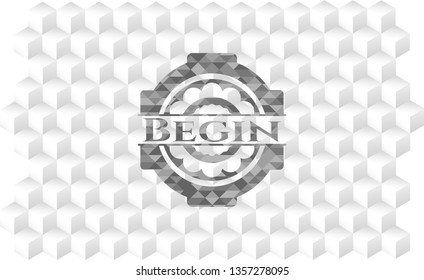 Begin grey badge with geometric cube white background