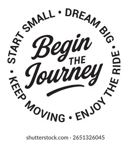 Begin the journey, start small, dream big, enjoy the ride, keep moving, inspirational design quote, motivational quotes, typography illustration lettering quotes