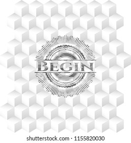 Begin retro style grey emblem with geometric cube white background