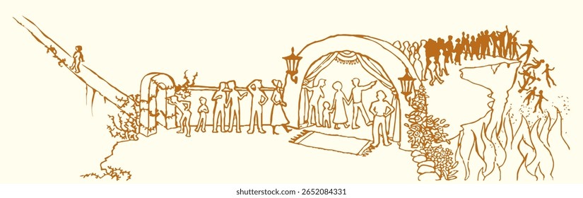 Começar o risco selecionar entrar na porta ruim trilha larga errada ir a vida céu ideia Mão desenhada alma espírito humano fazer o bom passo cair tentat velho fogo fogo do mal parede pensar começar deus bíblico Cristo fé mapa arte