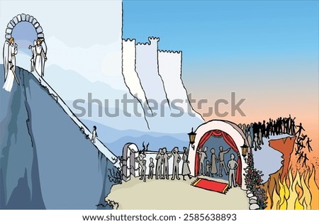 Begin risk select enter bad door wrong broad track go life sky idea Hand drawn human spirit soul make good step fall temptat old evil fire flame wall think start biblic god Christ gospel faith map art