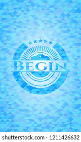 Begin sky blue emblem with mosaic background