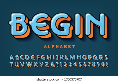 Begin: A unique rounded letter alphabet with blue and orange color harmony and soft highlights. Bright colors ideal for playful applications.
