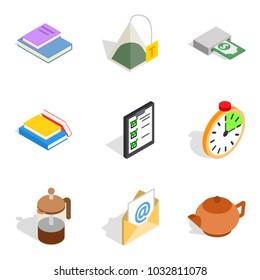 Begin work icons set. Isometric set of 9 begin work vector icons for web isolated on white background