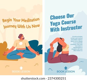 Begin your meditation journey with us now, choose our yoga instructor. Stress reduction, improved physical fitness and holistic health. Promotional banner or advertisement poster. Vector in flat style