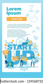 Begin your own Start Up, Vector Illustration. Components any Business Project are Ideas, Profit, Goals, Research, Planning and Feed Back. Men and Women in Business Clothes are Holding Signs.