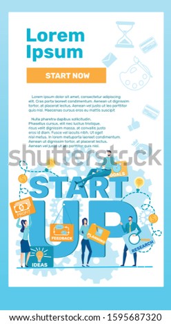 Begin your own Start Up, Vector Illustration. Components any Business Project are Ideas, Profit, Goals, Research, Planning and Feed Back. Men and Women in Business Clothes are Holding Signs.