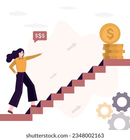 Beginner to business stands at foot of stairs. Long road to success and profit. Ambitious businesswoman ready to overcome difficulties on way to victory in business. Career ladder, wealth on top.