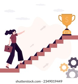 Beginner to business stands at foot of stairs. Long road to success and target. Ambitious businesswoman ready to overcome difficulties on way to victory in business. Career ladder, trophy on top.