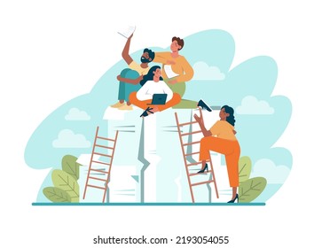 Beginner or newbie concept. New employee starting a career, project or task. Inexperienced character trying something new, with lots of qestions. Flat vector illustration