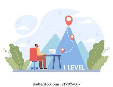 Beginner or newbie concept. New employee starting a career, project or task. Inexperienced character trying something new, with lots of qestions. Flat vector illustration