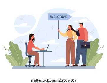 Beginner or newbie concept. New employee starting a career, project or task. Inexperienced character trying something new, with lots of qestions. Flat vector illustration