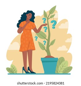 Beginner or newbie concept. New employee starting a career, project or task. Inexperienced character trying something new, with lots of qestions. Flat vector illustration