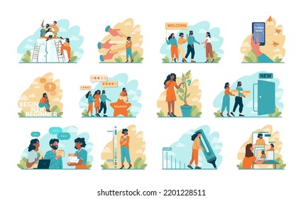 Beginner or newbie concept set. New employee starting a career, project or task. Inexperienced character trying something new, with lots of qestions. Flat vector illustration