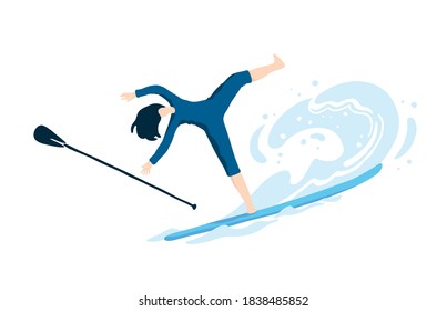 Beginner sup surfer in swimwear catching wave and losing balance on paddle board. Active woman practicing summer watersports. Flat vector illustration.