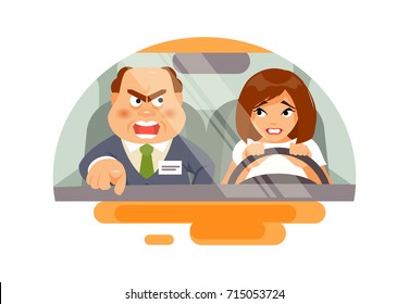 Beginner Woman Driver Panicked And Angry Instructor. Training In A Driving School. Vector Humorous Illustration