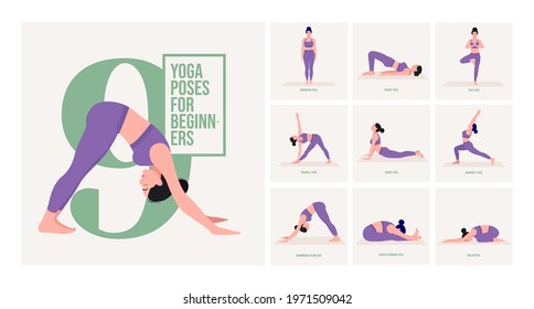 Beginner yoga poses. Young woman practicing Yoga pose. Woman workout fitness, aerobic and exercises. Vector Illustration.	