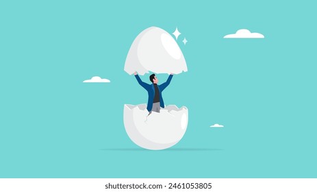 beginners businessman, beginner in starting a new business, newbie businessman comes out of a hatched egg concept vector illustration