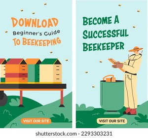 beginners guide to beekeeping, download instruction and become successful beekeeper. Visit our store for information and recommendation from specialists and professionals. Vector in flat style