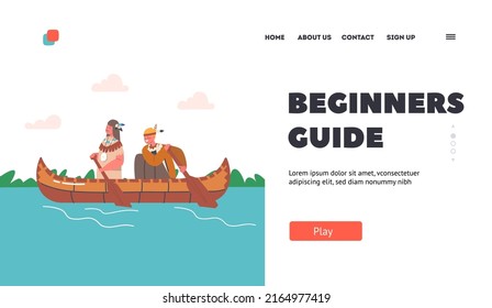 Beginners Guide Landing Page Template. Children Wear Native Indian American Costumes Swim on Canoe, Kids Indigenous Characters Playing in Summer Camp, Rowing Kayak. Cartoon People Vector Illustration