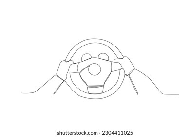 Beginner's hand driving a car. Dia do motorista one-line drawing