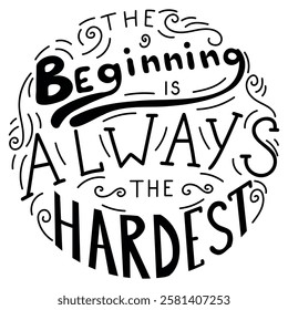 The beginning is always the hardest lettering. Modern hand drawn vector calligraphy. Hand drawn typography poster. T shirt design. Inspirational vector typography