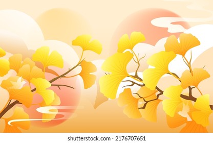 Beginning of autumn solar term, ginkgo leaves in golden autumn season, people travel on autumn equinox, vector illustration