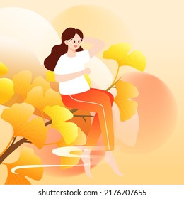 Beginning of autumn solar term, ginkgo leaves in golden autumn season, people travel on autumn equinox, vector illustration