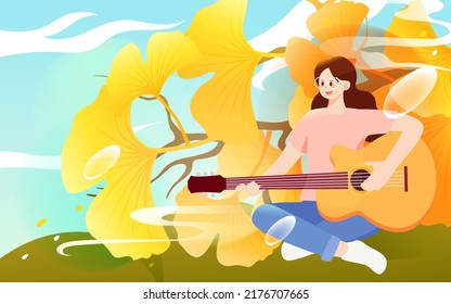 Beginning of autumn solar term, ginkgo leaves in golden autumn season, people travel on autumn equinox, vector illustration