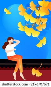 Beginning of autumn solar term, ginkgo leaves in golden autumn season, people travel on autumn equinox, vector illustration