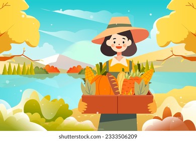 Beginning of autumn solar terms and autumn outing, autumn farmers have a bumper harvest of grain vector illustration