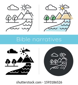 The Beginning Bible story icon. World creation. Earth, paradise, heaven. Religious legend. Christian religion. Biblical narrative. Glyph, chalk, linear and color styles. Isolated vector illustrations