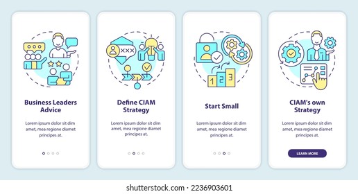 Beginning with CIAM onboarding mobile app screen. Customer management walkthrough 4 steps editable graphic instructions with linear concepts. UI, UX, GUI template. Myriad Pro-Bold, Regular fonts used