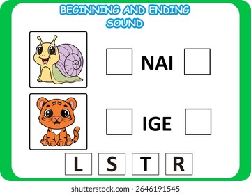 beginning and ending sound animal wild .kids education puzzle 