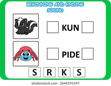beginning and ending sound animal wild .kids education puzzle spider