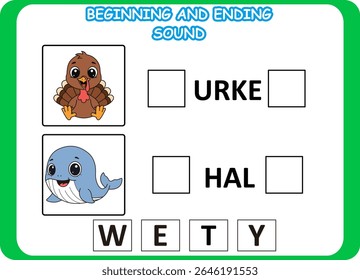 beginning and ending sound animal wild .kids education puzzle 