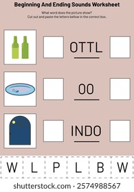 "Beginning and Ending Sounds Worksheet" for early learners. The activity encourages children to identify the beginning and ending sounds of words depicted in pictures (e.g., bottles, pool, and window)