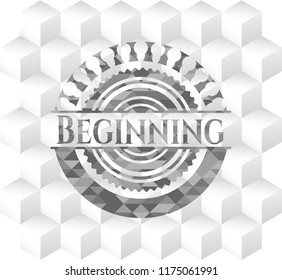 Beginning grey badge with geometric cube white background