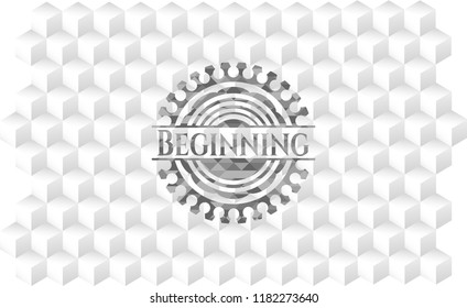 Beginning grey emblem. Retro with geometric cube white background
