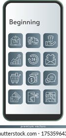 beginning icon set. included online shop, profits, newsletter, 24-hours, shop, money, voucher, chat, shopping cart, jacket, delivery, credit card icons on phone design background . linear styles