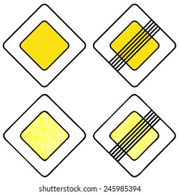 The beginning of the main road and end of main road. Road signs priority. Doodle style