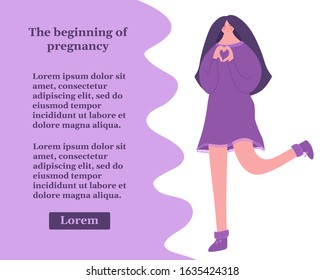 
The beginning of pregnancy. Happy woman found out about pregnancy. Vector illustration with place for your text.