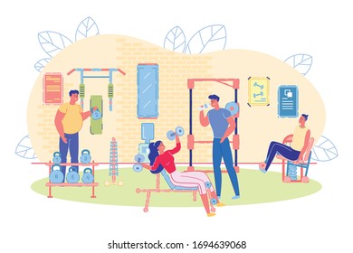 Beginning and Professional Athletes People Cartoon Characters in Fitness Center. Men and Women Leading Healthy Lifestyle. Sports for Different Age and Gender People. Flat Vector Illustration.