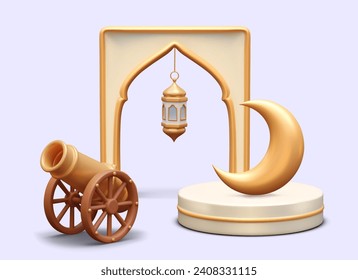 Beginning of Ramadan. Iftar notification. Night concept. Islamic holiday. Realistic illustration with golden decoration. Vector poster on colored background