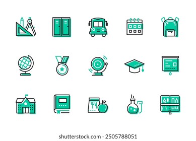 Beginning of the school year - set of line design style icons isolated on white background. High quality images of bus, locker, briefcase, globe, bell, medal, book, pencil case and stationery