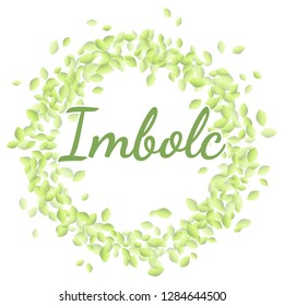 Beginning of spring pagan holiday. Imbolc inscription in a wreath of green leaves