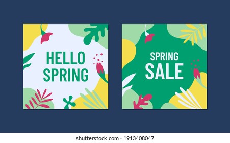 Beginning of the spring season concept. new collection of Vector web banners for sale, party, festival, events, social media posts. Templates with floral elements and abstract shapes in bright colors.