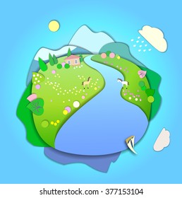 The beginning of spring.Concept change of seasons.Globe concept showing a peaceful and idyllic lifestyle.Paper cut style.Flat Landscape Illustration with smooth vector shadows.Spring is coming
