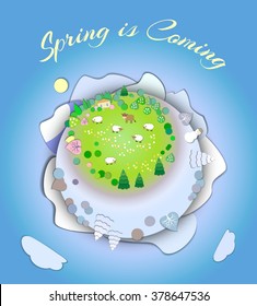 The beginning of spring.Concept change of seasons.Globe concept showing a peaceful and idyllic lifestyle.Paper cut style.Flat Landscape Illustration with smooth vector shadows.Spring is coming