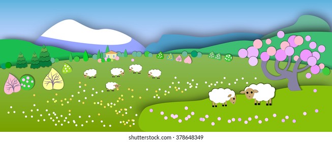 The beginning of spring.Concept change of seasons.Globe concept showing a peaceful and idyllic lifestyle.Paper cut style.Flat Landscape Illustration with smooth vector shadows.Spring is coming